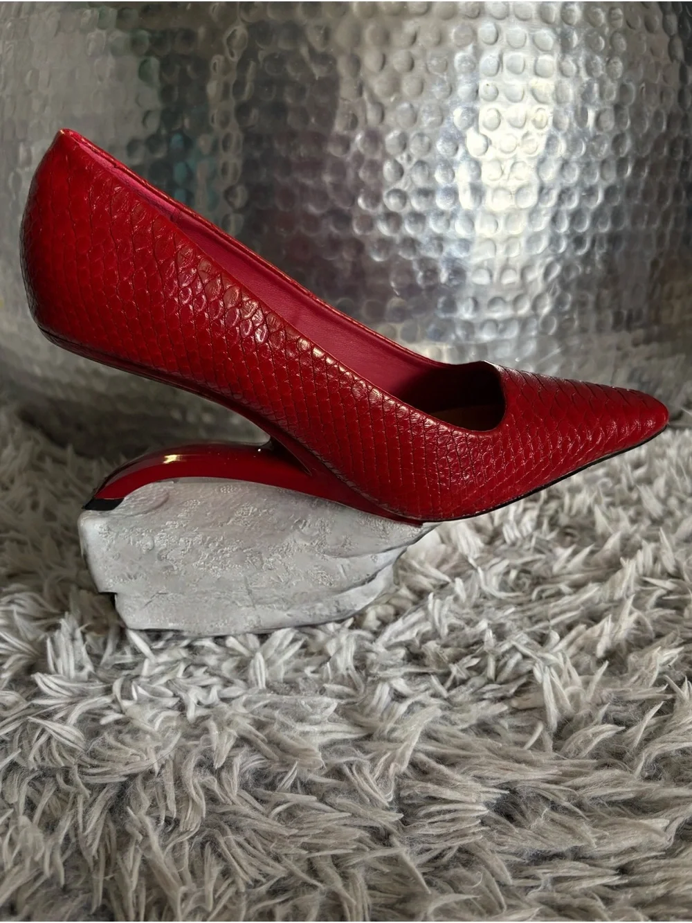 NEW ART Red Snakeskin Alligator Leather Pointed Toe Pumps Wedge Heels Shoes